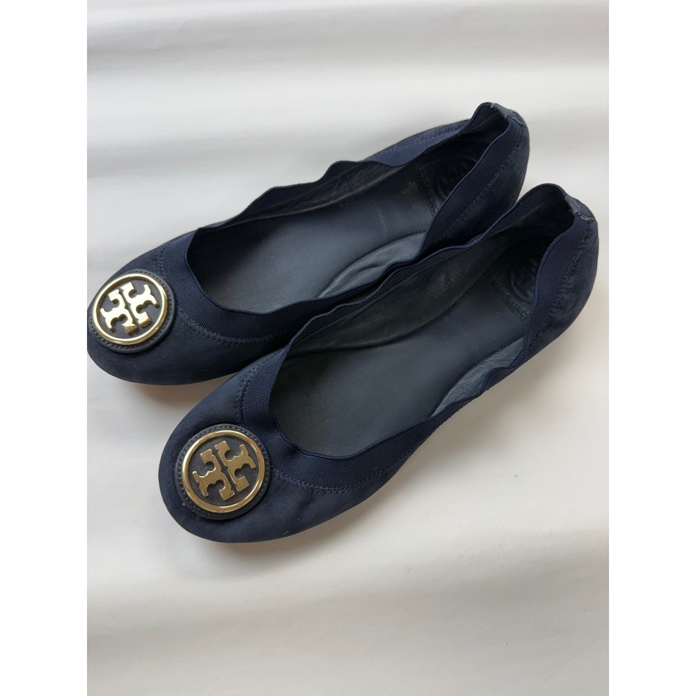 Tory Burch Caroline Navy Suede Leather Flats Sz 9 Gold Logo